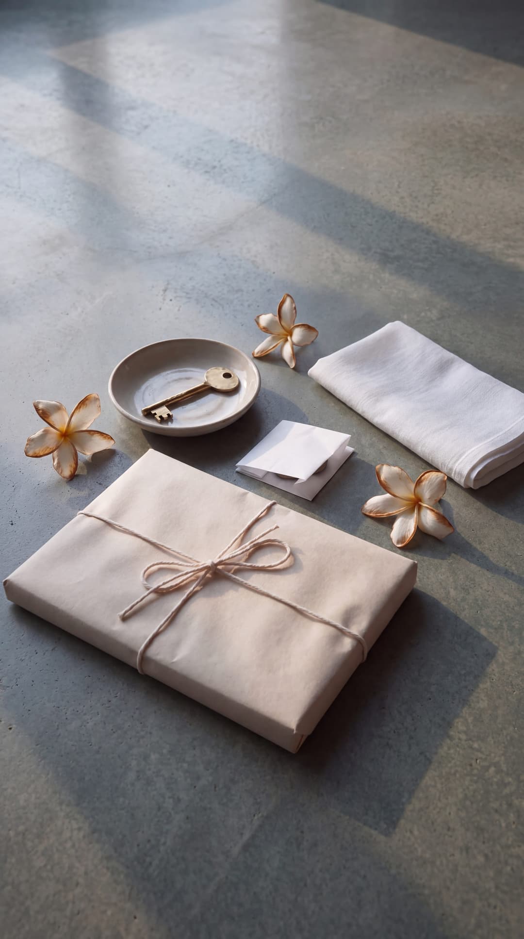 A brass key returned to a ceramic dish on a stone table, beside a wrapped parcel, folded linen and frangipani a day past their best