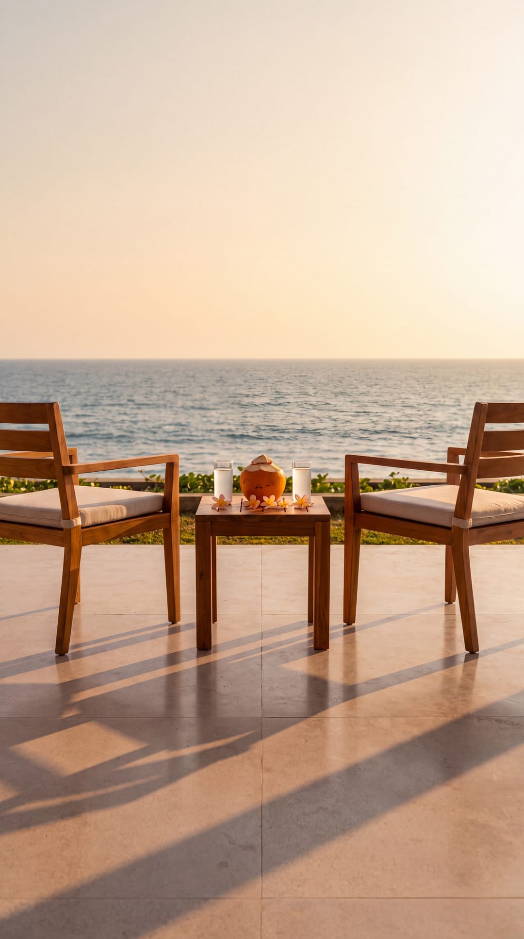 Two armchairs turned toward each other on a sea-facing terrace at golden hour, a king coconut and two glasses on the table between them
