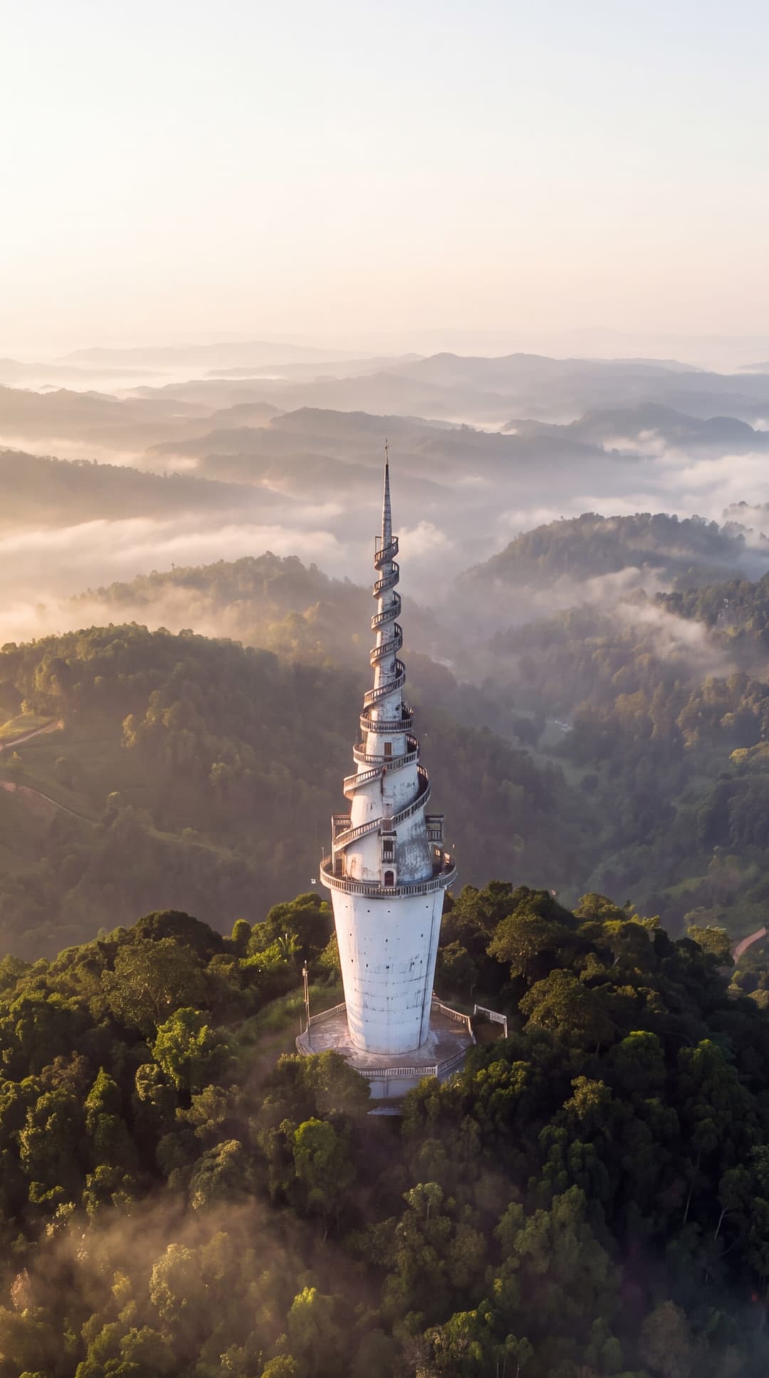 Ambuluwawa tower rising through mist above the highlands