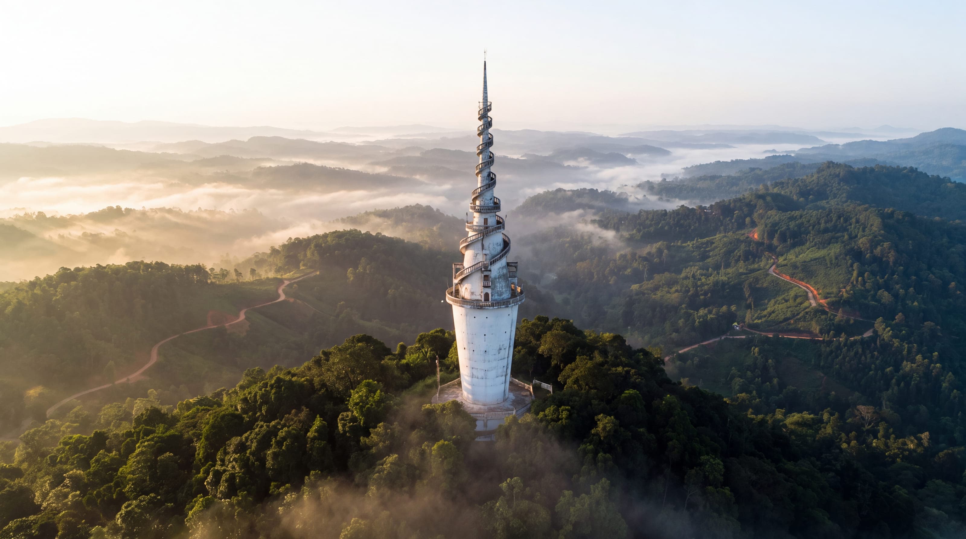 Ambuluwawa tower rising through mist above the highlands, the photograph that anchors the Sri Lanka chapter
